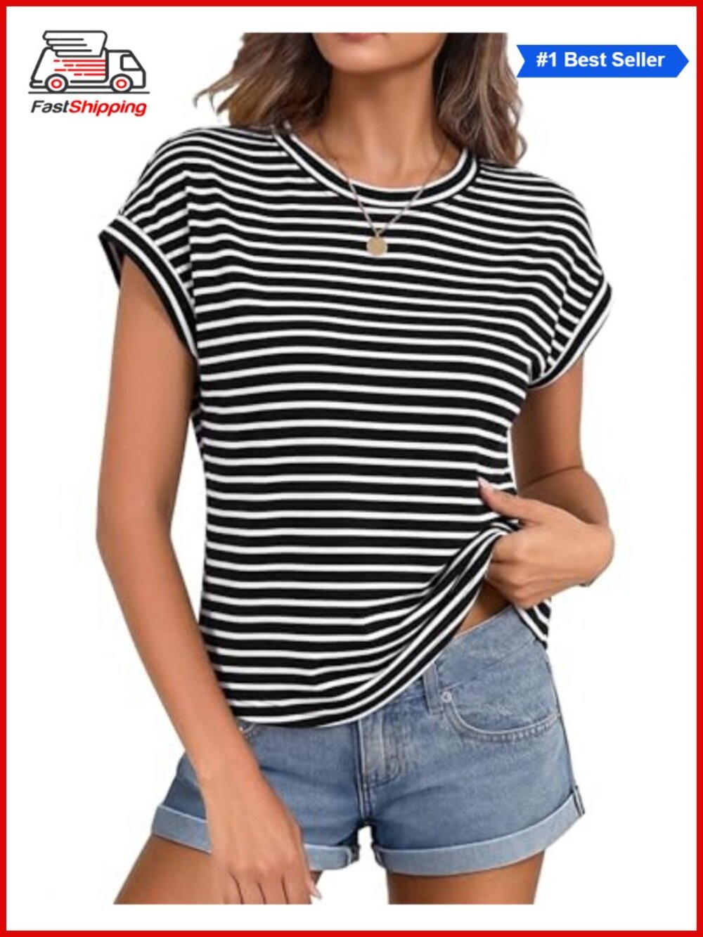 ✨ Totatuit Women Cropped T-Shirt Short Sleeve Crewneck Boxy Fit Striped Tee